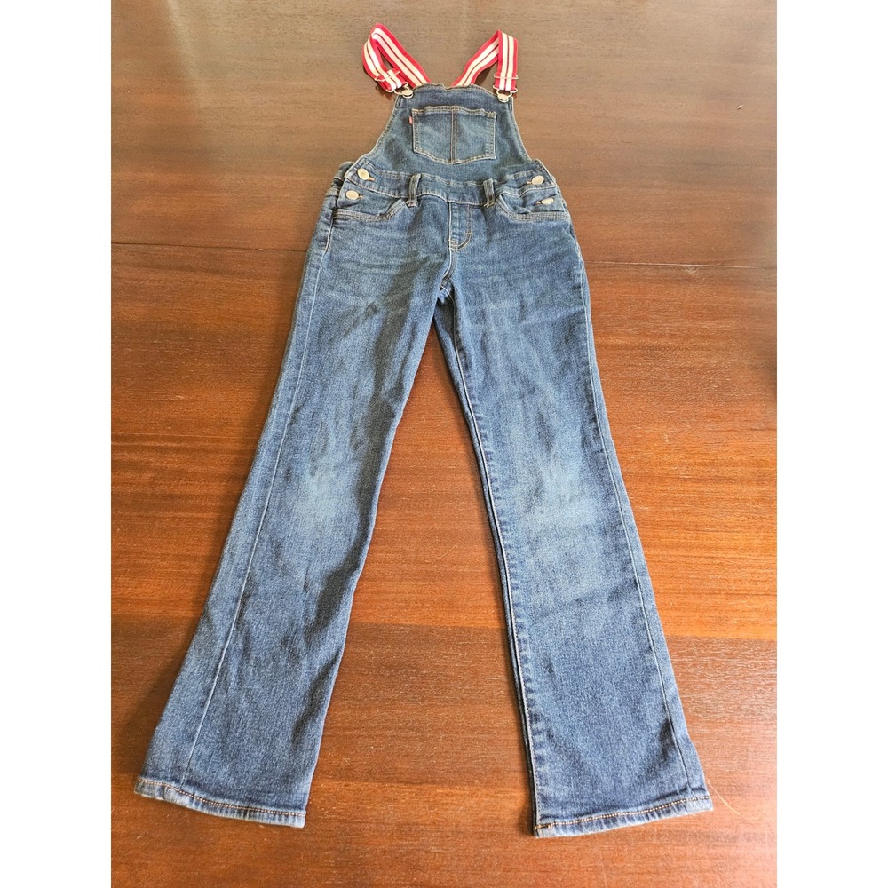 Levi's Denim Overalls Girls 8 Blue Red Striped Straps Straight Leg Stretch